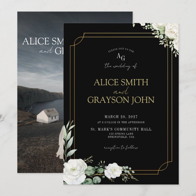 Invitación Elegante boda de flores negras y doradas (Anverso / Reverso)