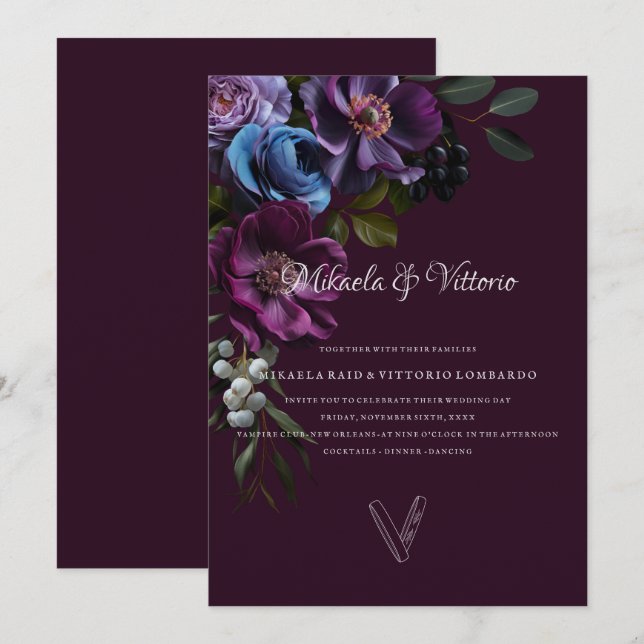 Invitación Elegante Boda de Flores Oscuras Góticas (Anverso / Reverso)