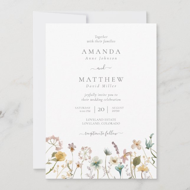 Invitación Elegante Boda de Flores Presionadas de acuarela (Anverso)