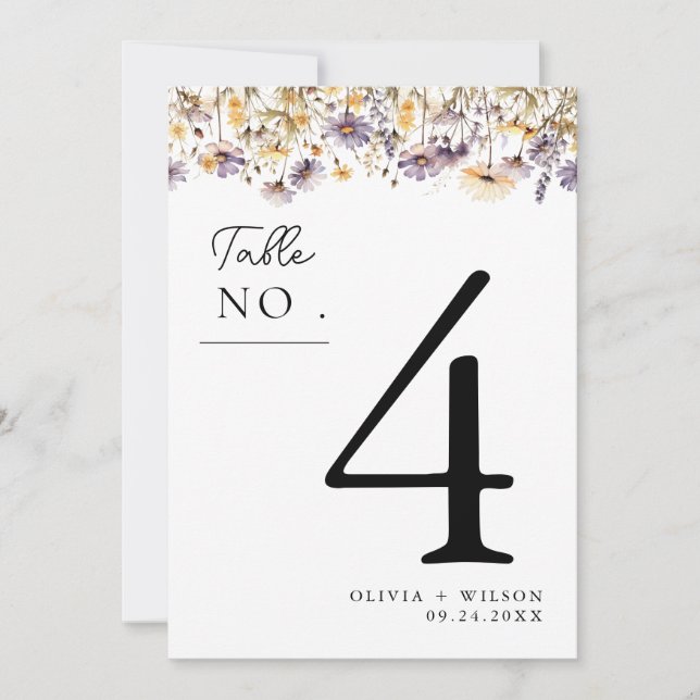 Invitación Elegante Boda de flores púrpura claro número de ta (Anverso)