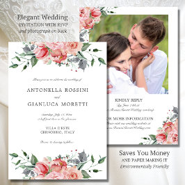Invitación Elegante Boda de Flores Rosa Foto RSVP