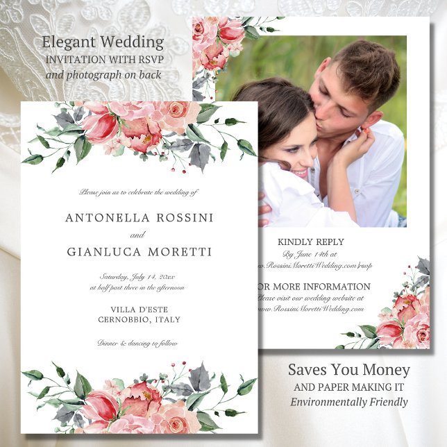 Invitación Elegante Boda de Flores Rosa Foto RSVP (Elegant wedding invitation with RSVP on back saves you money and is environmentally friendly)