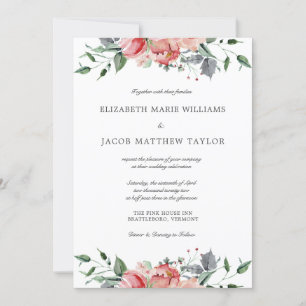 Invitación Elegante Boda de Flores Rosa y Caligrafía