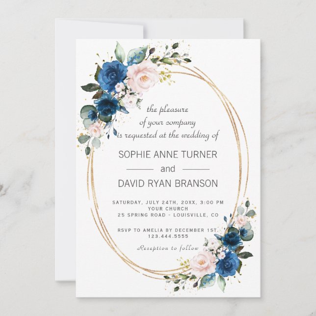 Invitación Elegante Boda de flores rosadas azules de la marin (Anverso)