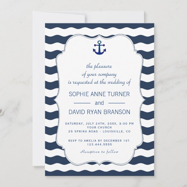 Invitación Elegante Boda de flores rosadas azules de la marin (Anverso)