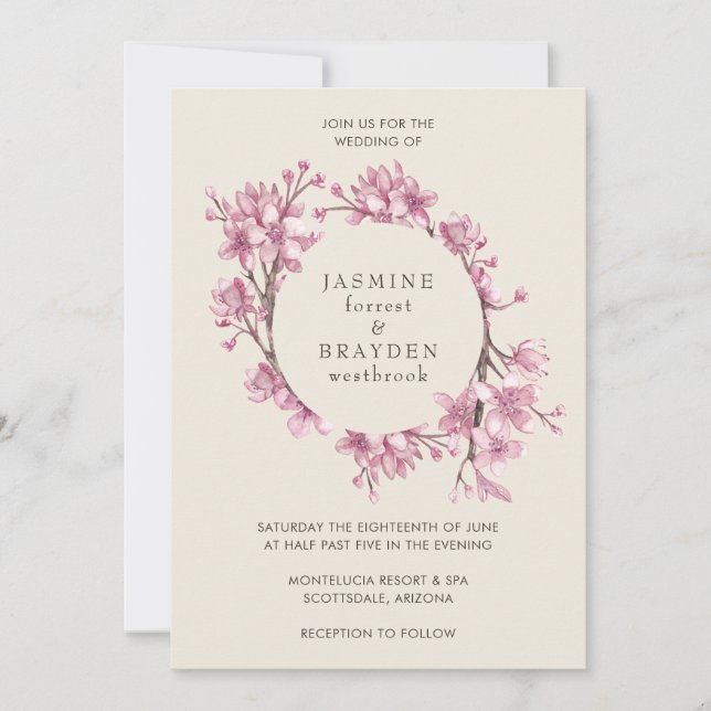 Invitación Elegante Boda de flores rosadas con flores de cere (Anverso)