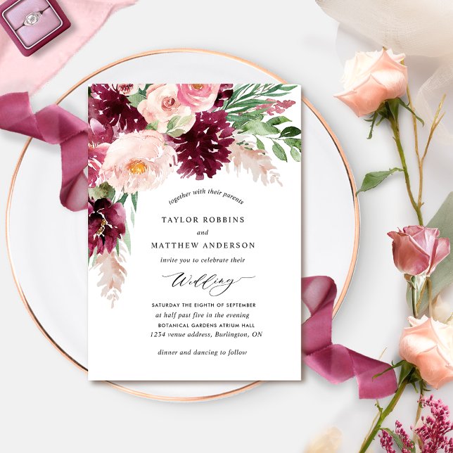 Invitación Elegante Boda de flores rosadas de borgoña Rubor (Subido por el creador)