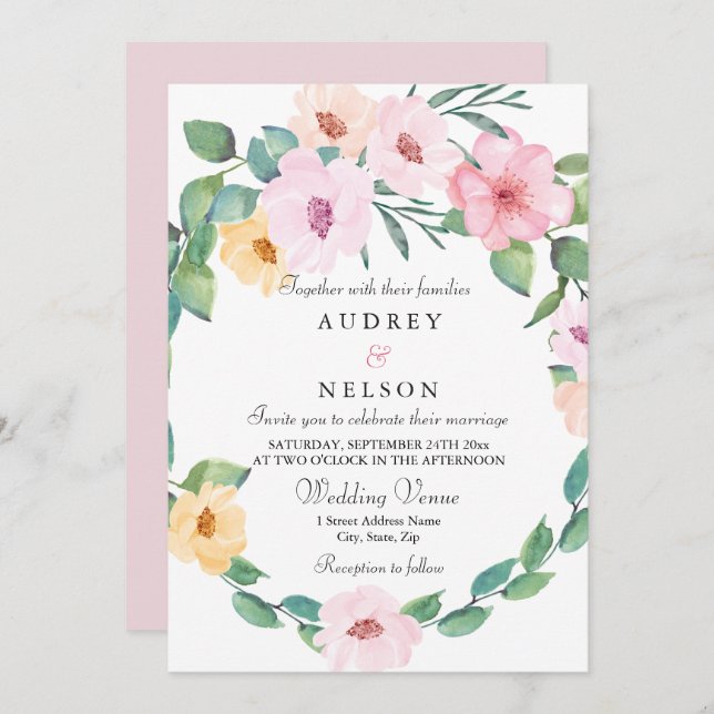 Invitación Elegante Boda de flores rosadas de hojas de flores (Anverso / Reverso)