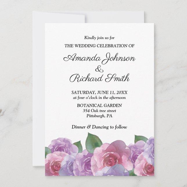 Invitación Elegante Boda de flores rosadas púrpuras (Anverso)