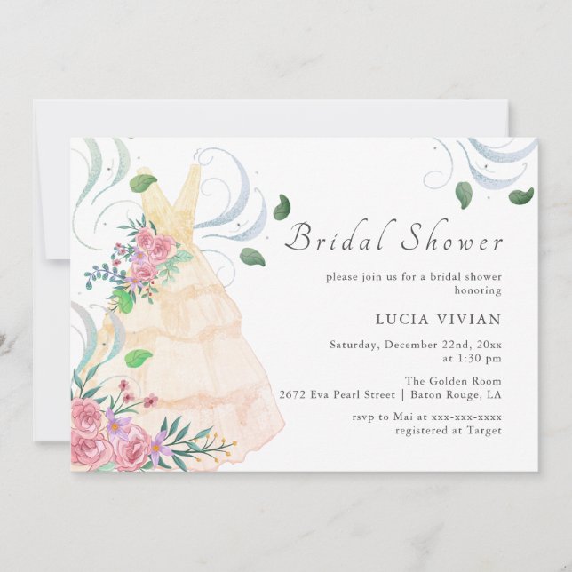 Invitación Elegante Boda de flores rosadas Vestido ducha de n (Anverso)
