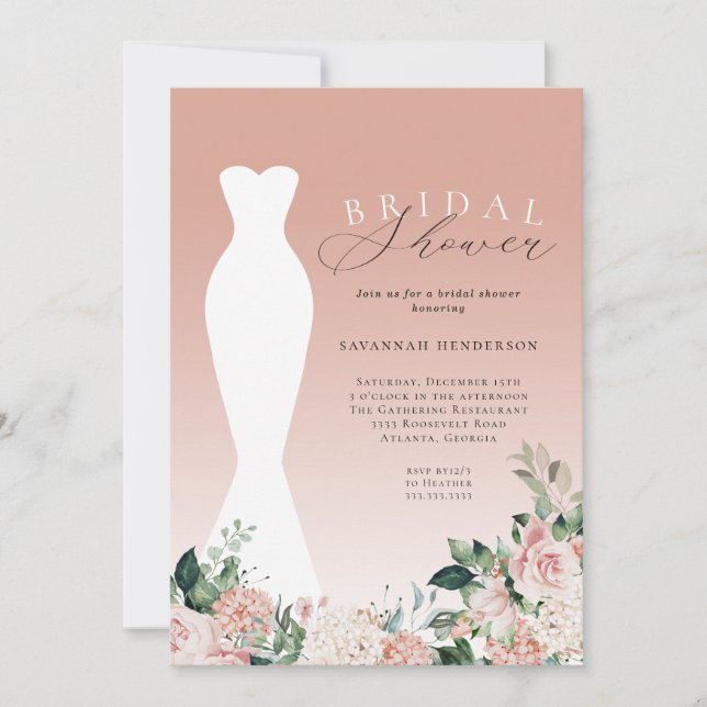 Invitación Elegante Boda de flores rosadas Vestido ducha de n (Anverso)