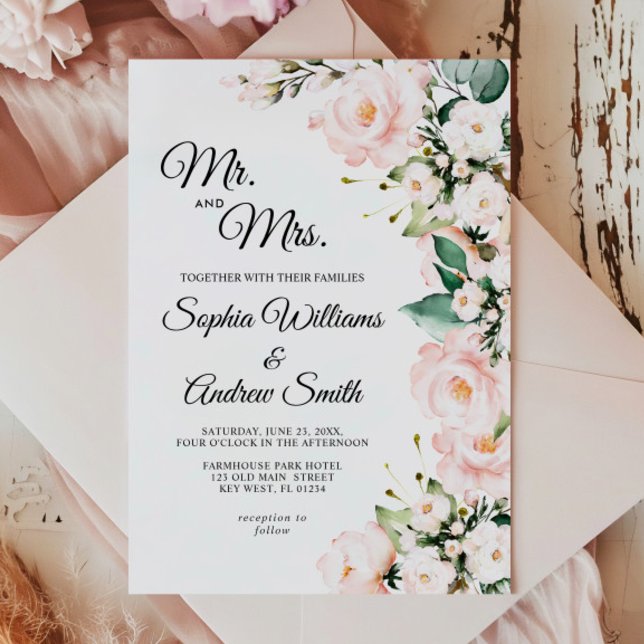 Invitación Elegante Boda de flores Rosas suaves de Rubor (Subido por el creador)