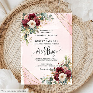 Invitación Elegante Boda de flores Rubor Boho Deep Red Gold