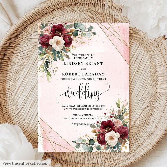 Invitación Elegante Boda de flores Rubor Boho Deep Red Gold (Stylish Boho Deep Red Gold Blush Flowers Wedding Invitation)