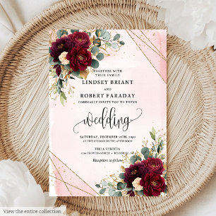 Invitación Elegante Boda de flores Rubor Boho Marsala Gold