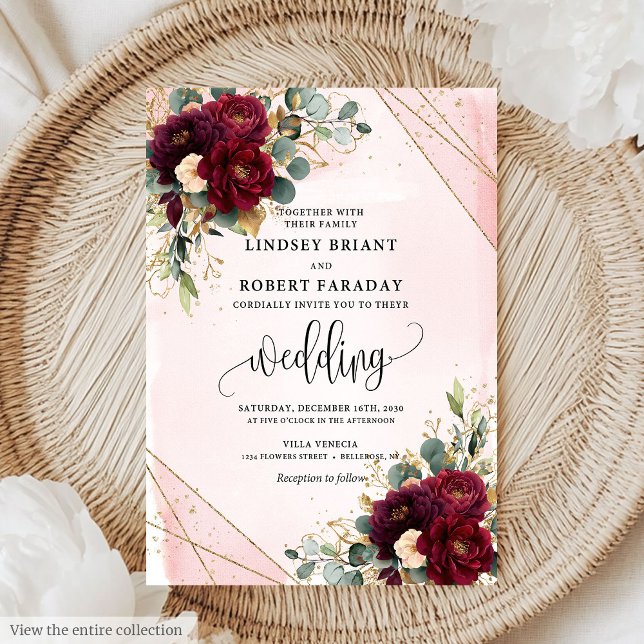 Invitación Elegante Boda de flores Rubor Boho Marsala Gold (Stylish Boho Marsala Gold Blush Flowers Wedding Invitation)