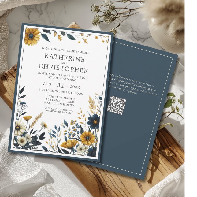 Invitación Elegante Boda de flores silvestres amarillas azule (Blue and Yellow Flowers adorn this Elegant Formal Wedding Invitation, QR Code for wedding website.
)