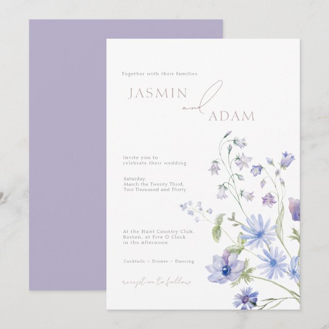 Invitación Elegante Boda de Flores Silvestres Azul y Lilac (Anverso / Reverso)