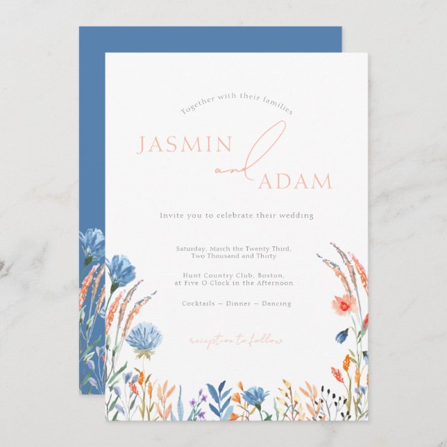 Invitación Elegante Boda de Flores Silvestres Azul y Naranja (Anverso / Reverso)