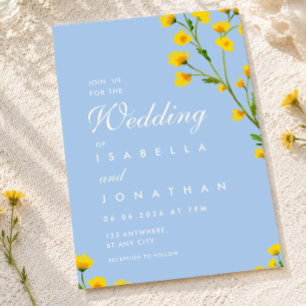 Invitación Elegante boda de flores silvestres azules y amaril