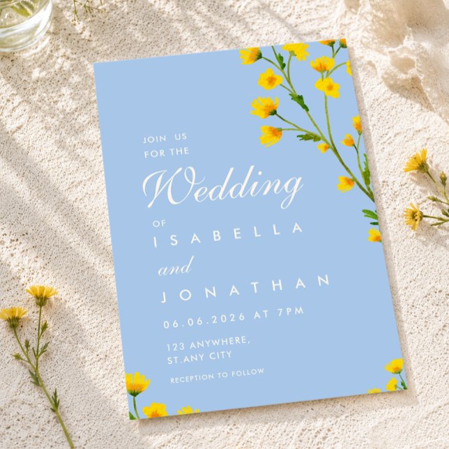 Invitación Elegante boda de flores silvestres azules y amaril (Subido por el creador)