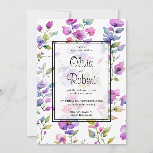 Invitación Elegante boda de flores silvestres color púrpura r (Anverso)