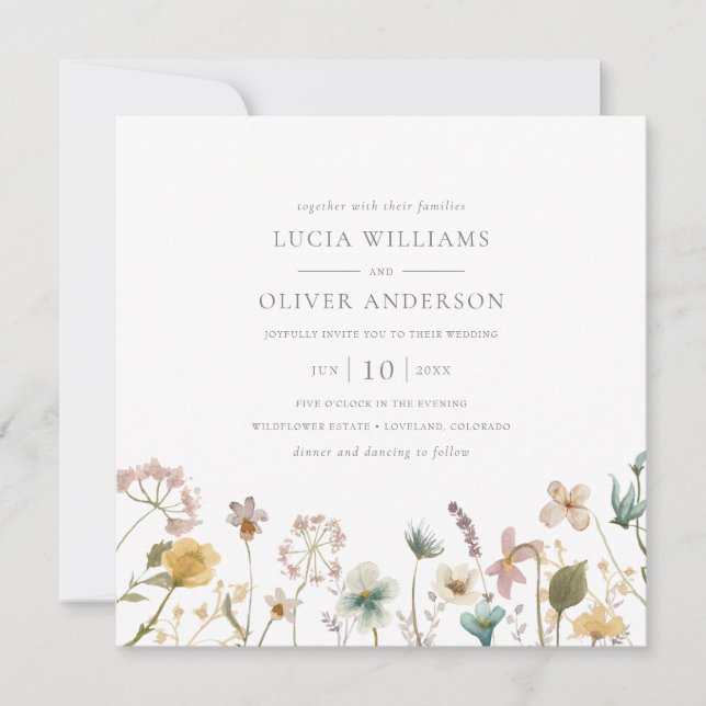 Invitación Elegante Boda de flores silvestres cuadradas (Anverso)