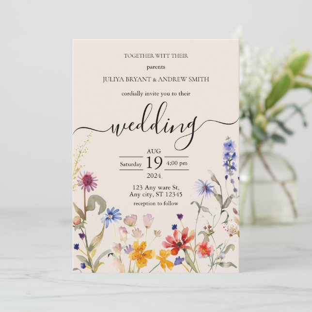 Invitación Elegante boda de flores silvestres de Boho (Anverso de pie)