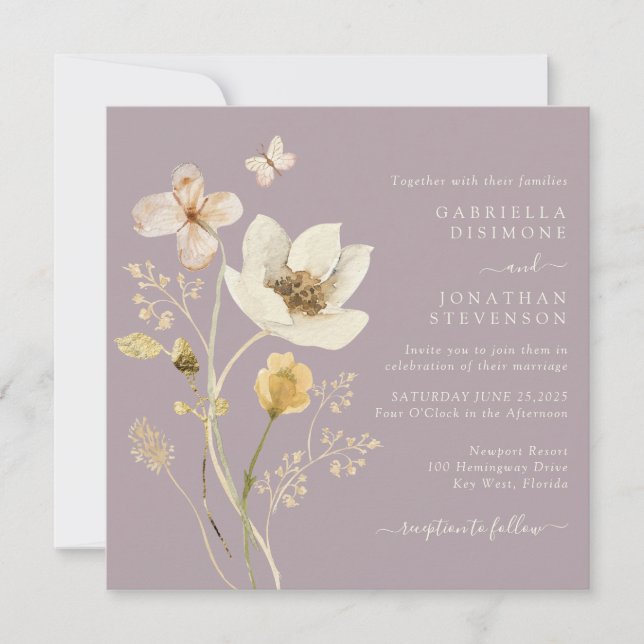 Invitación Elegante Boda de Flores Silvestres de Mauve Dusty (Anverso)
