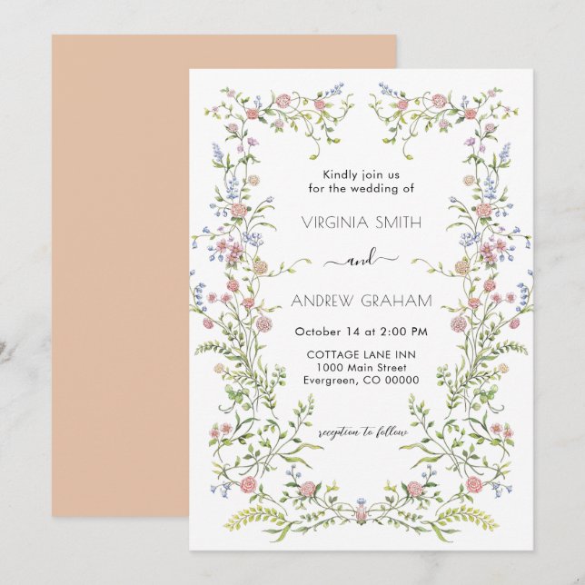 Invitación Elegante Boda de flores silvestres de primavera co (Anverso / Reverso)