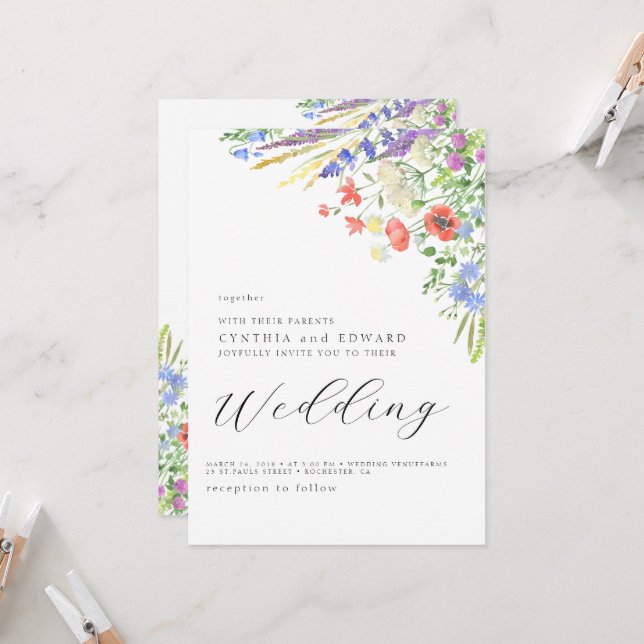 Invitación Elegante Boda de flores silvestres de verano (Anverso/Reverso In Situ)