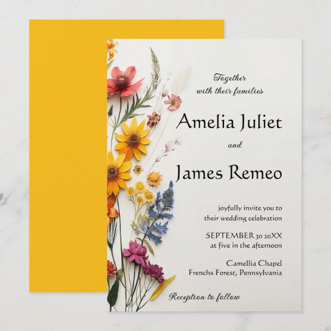 Invitación Elegante Boda de Flores Silvestres del País Boho (Anverso / Reverso)