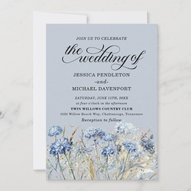 Invitación Elegante Boda de Flores Silvestres Dusty Blue Wate (Anverso)