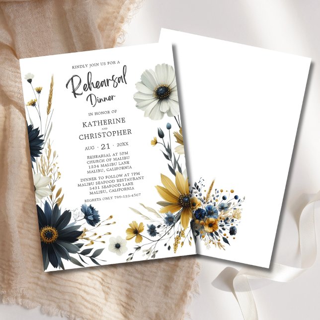Invitación Elegante Boda de Flores Silvestres Ensayo Cena (Elegant Watercolor Wildflowers Rehearsal Dinner Invitation with blue and yellow wildflowers.)