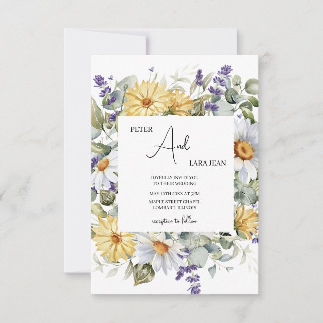 Invitación Elegante Boda de flores silvestres moradas amarill (Anverso)