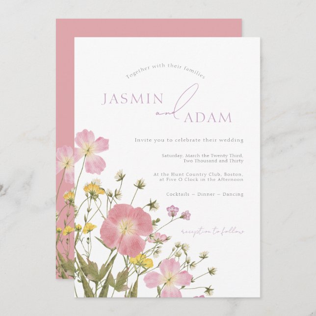 Invitación Elegante Boda de flores silvestres rosadas (Anverso / Reverso)