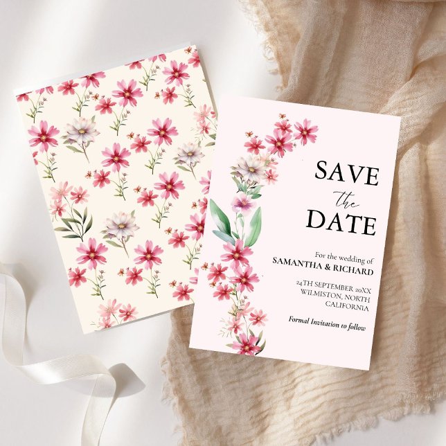 Invitación Elegante boda de flores silvestres rosadas salva l (Subido por el creador)