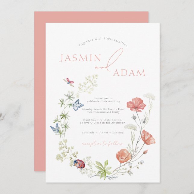 Invitación Elegante Boda de flores silvestres y mariposas ros (Anverso / Reverso)