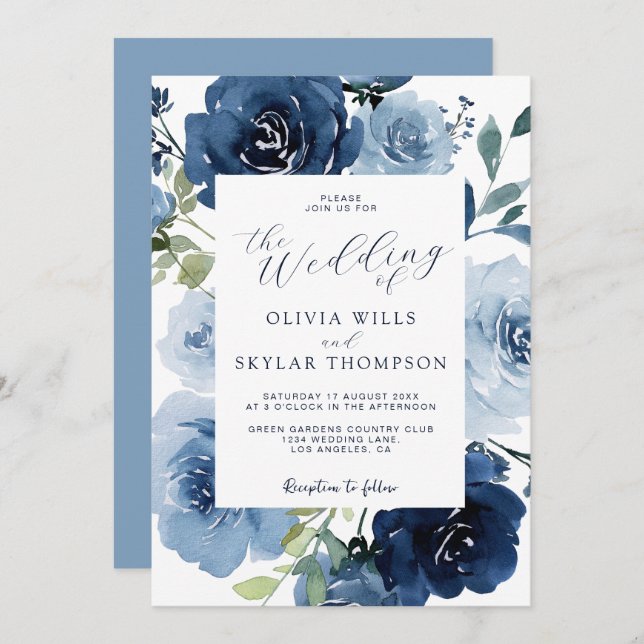 Invitación Elegante Boda de flores turbias azules de la Marin (Anverso / Reverso)