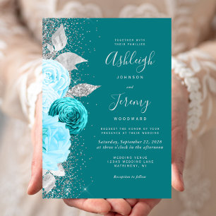 Invitación Elegante Boda de Flores Turquesa Plateado Brillant