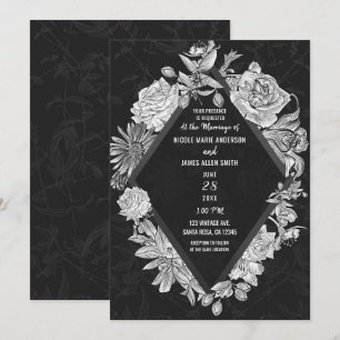 Invitación Elegante boda de flores vintage con diamante negro