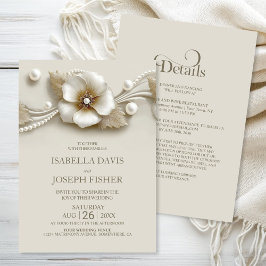 Invitación Elegante Boda de Flores y Perlas Todo en Uno