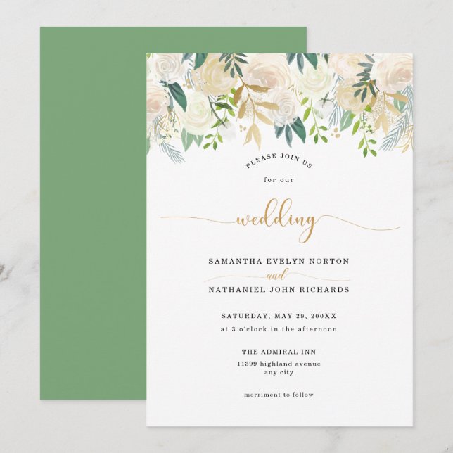 Invitación Elegante boda de flores y vegetación de marfil bla (Anverso / Reverso)