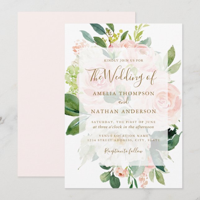 Invitación Elegante Boda de florín de oro rosa (Anverso / Reverso)