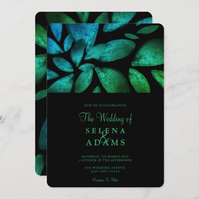 Invitación Elegante Boda de Foliage de color verde esmeralda (Anverso / Reverso)