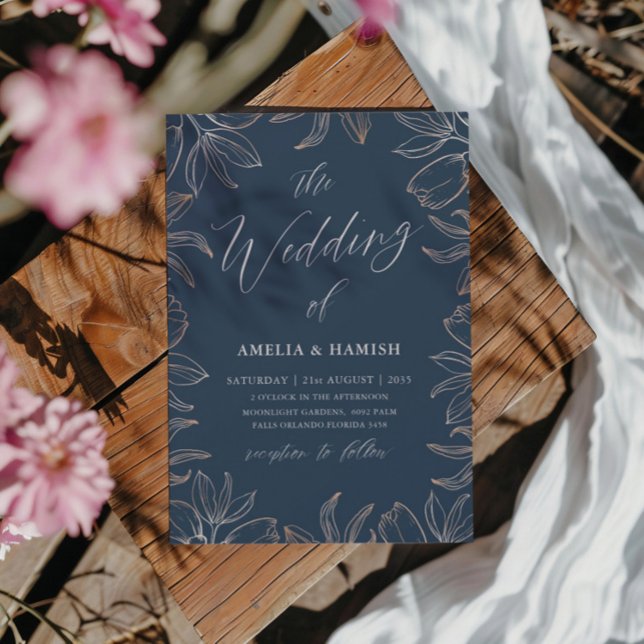Invitación Elegante Boda de Foliage de oro azul y Rosa (Subido por el creador)