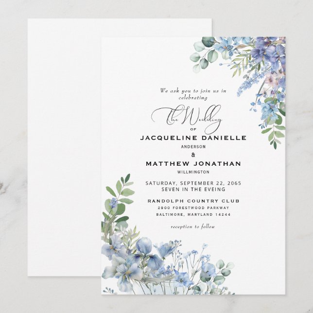 Invitación Elegante Boda de Foliage floral azul turquesa (Anverso / Reverso)