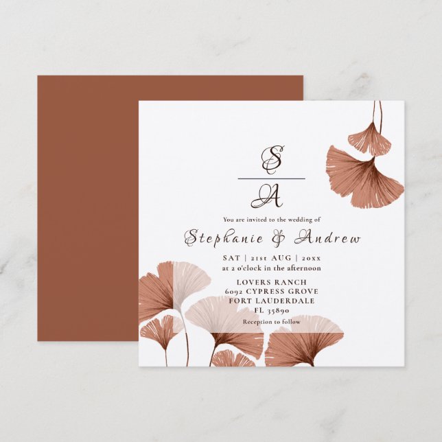Invitación Elegante Boda de Foliage Terracotta Ginkgo (Anverso / Reverso)