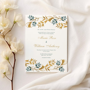 Invitación Elegante Boda de follaje ciano gris dorado blanco