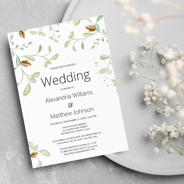 Invitación Elegante Boda de follaje de oro verde de menta sim (Elegant simple mint green gold foliage Wedding )